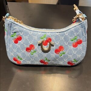 True Religion Light Blue Denim Mini Shoulder Bag with Red Cherry Embroidery